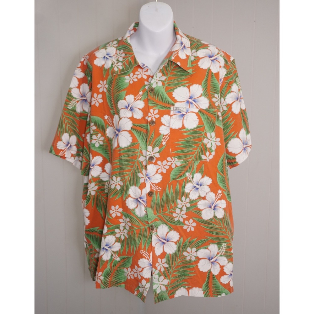 Quiksilver Mens Orange Floral Hibiscus Print Short Sleeve Button Up Shirt